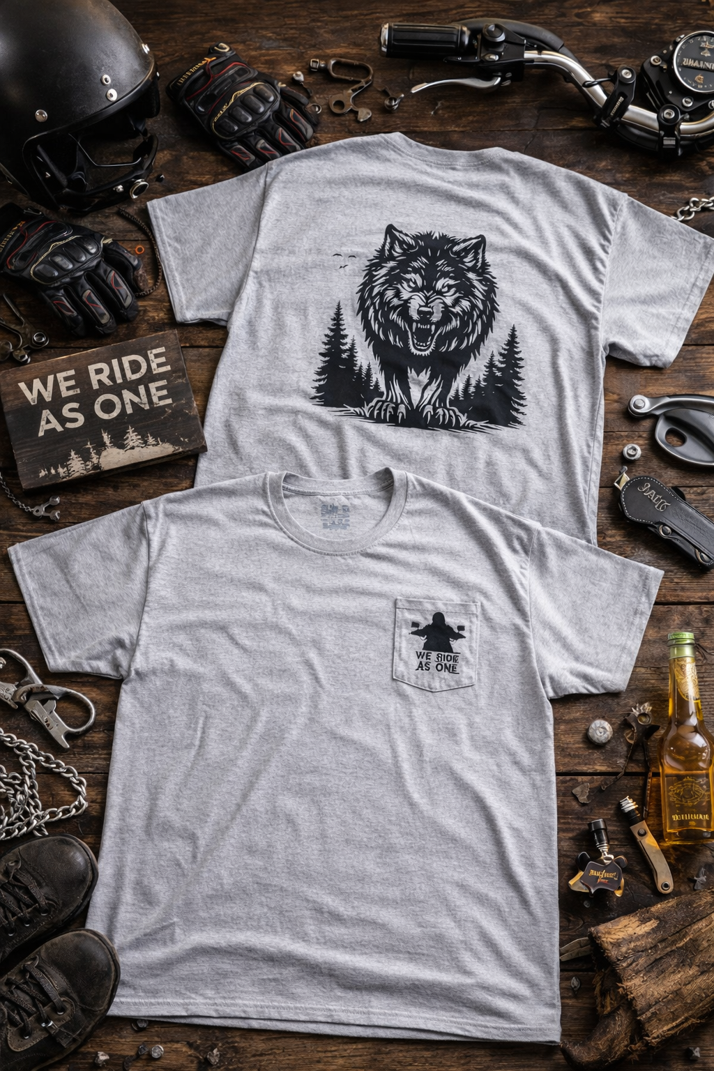 Wolf Pack “We Ride As One” Pocket T-Shirt – Heather Gray 3XL Biker Tee – One of a Kind